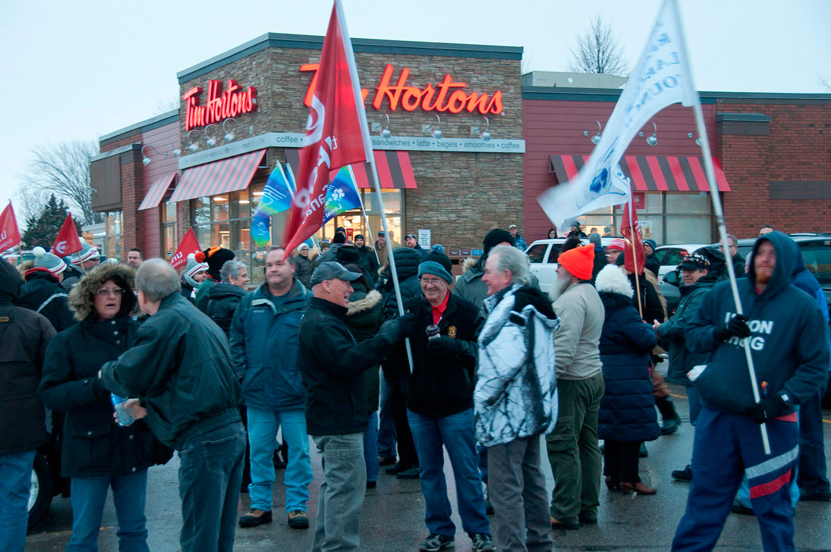 Crowd outside Tim Hortons waiting